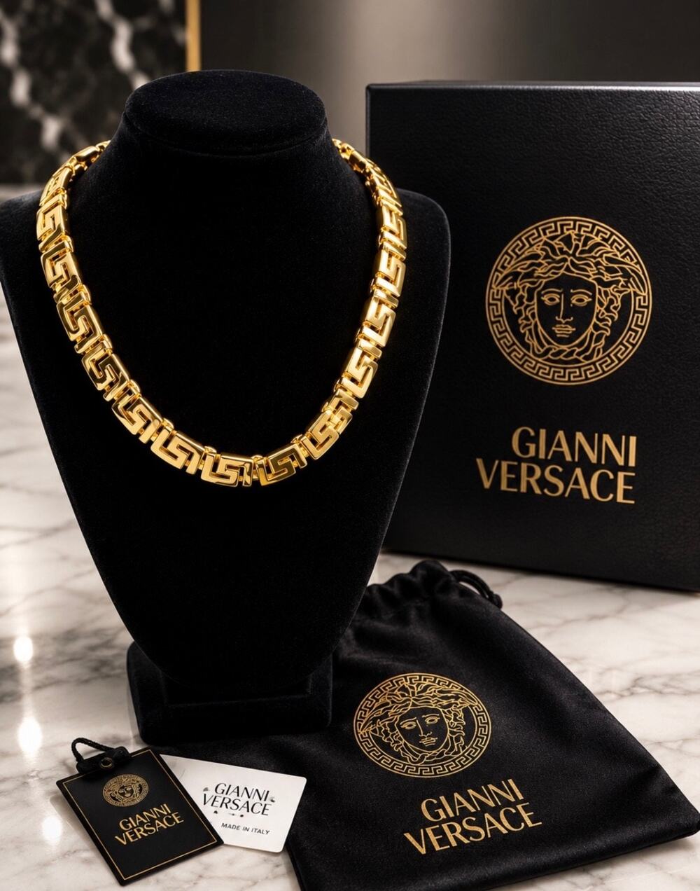 Vintage GIANNI VERSACE Medusa Head Greca Key Chain Necklace Gold Tone - MINT